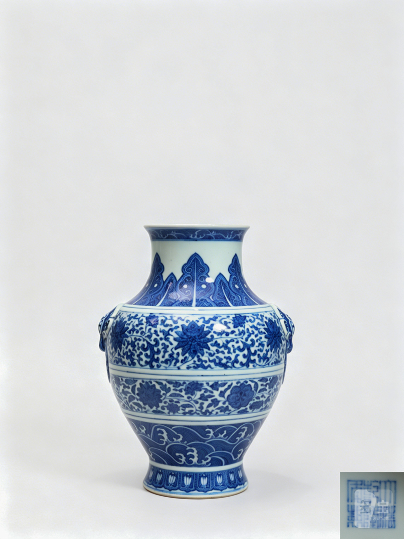清 青花缠枝花卉纹铺兽耳尊